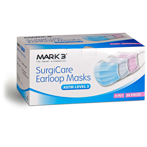 SurgiCare Blue Earloop Face Masks Level 3 4ply 50/bx. - MARK3®*
