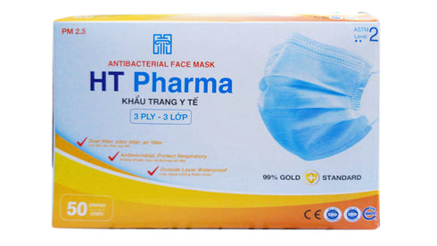HT PHARMA Earloop Mask 3ply 50pcs/ Box Level 2- Blue 99% Efficiency