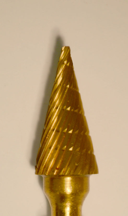 Cone 1/2" TNT-Coated Dual Cut Regular Carbide Bur w/ 1/4" Shank B1/2-GOLD