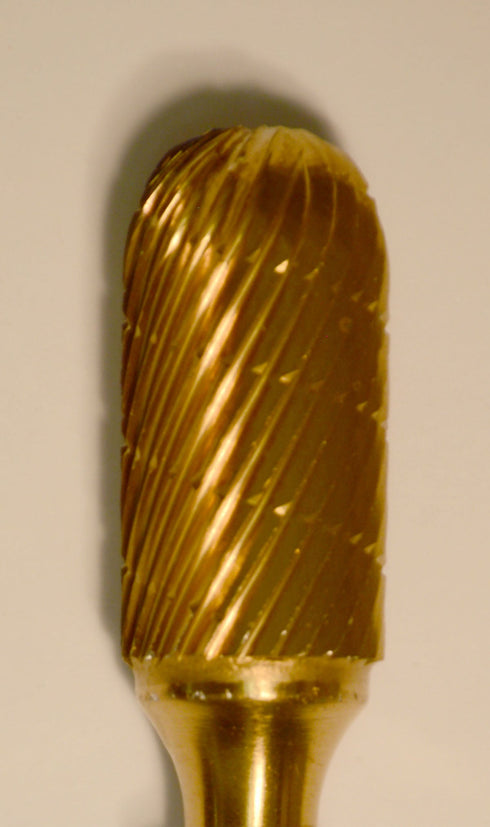 Barrel 1/2" TNT-Coated Dual Cut Regular Carbide Bur w/ 1/4" Shank F1/2-GOLD