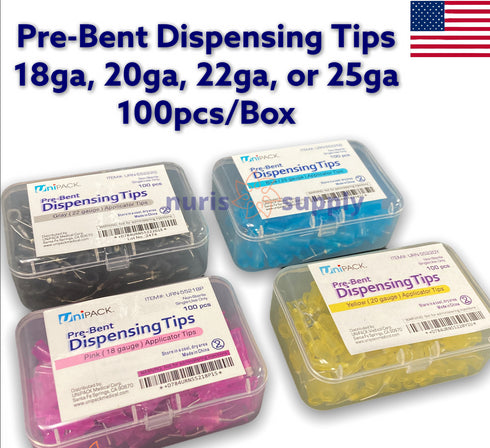 Pre-Bent Needle Applicator Tips Dispensing Tips 18ga, 20ga, 22ga, 25ga Etchant Flow Resin Tips 100pcs/Bx